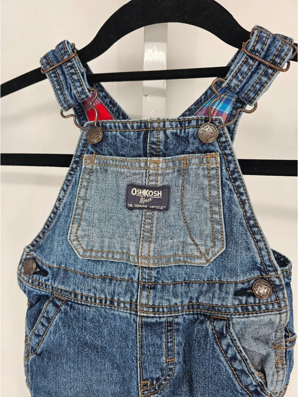 OshKosh B'gosh | Medium Wash Flannel Lined Overalls Plaid Knee Patch 12 MOS
